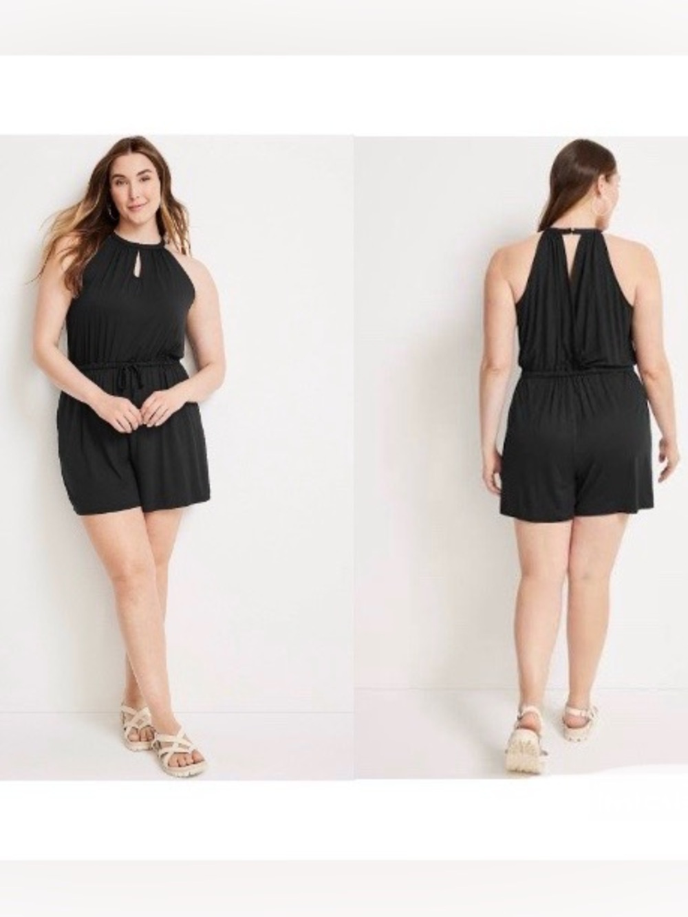 Maurices 24/7 Keyhole Halter Neck Romper Black Drawstring Open Back Medium